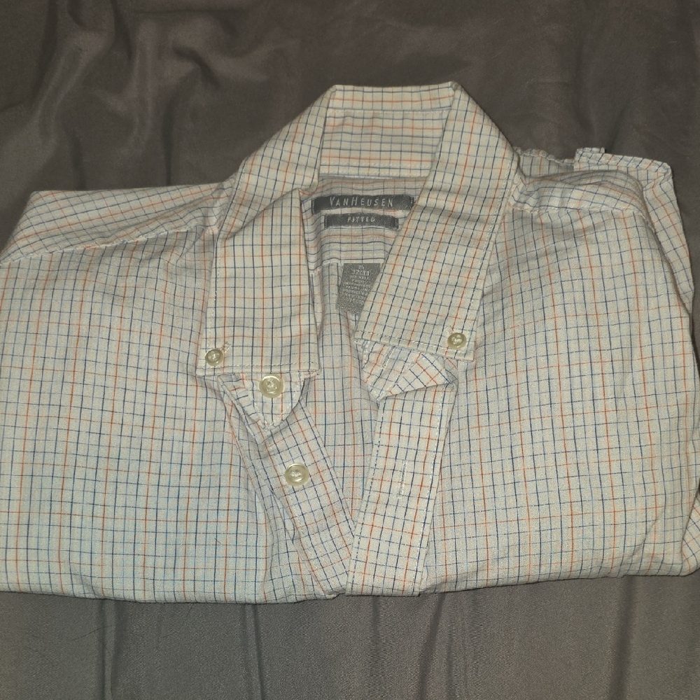 Van Heusen Men’s Button-Down Shirt in White with Blue & Orange Windowpane
